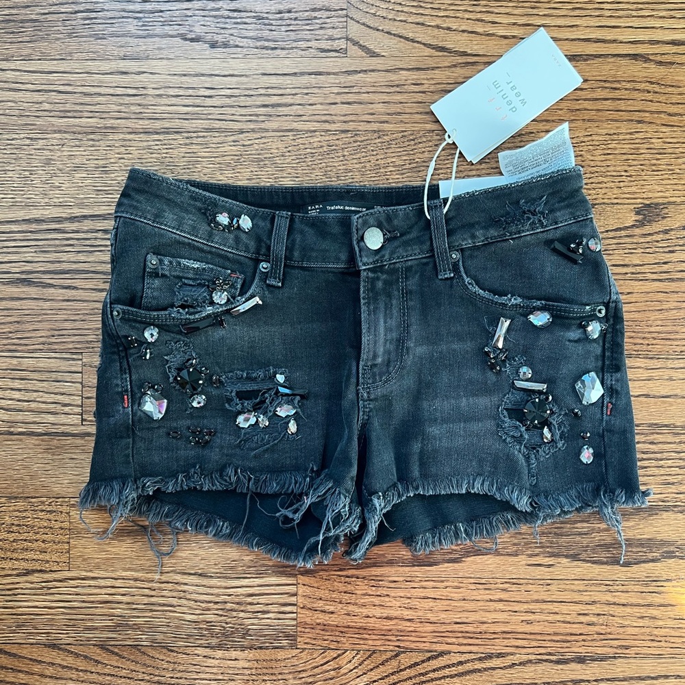 NWT Zara Trafaluc Hotpant Embellished Black Denim Shorts Size 2